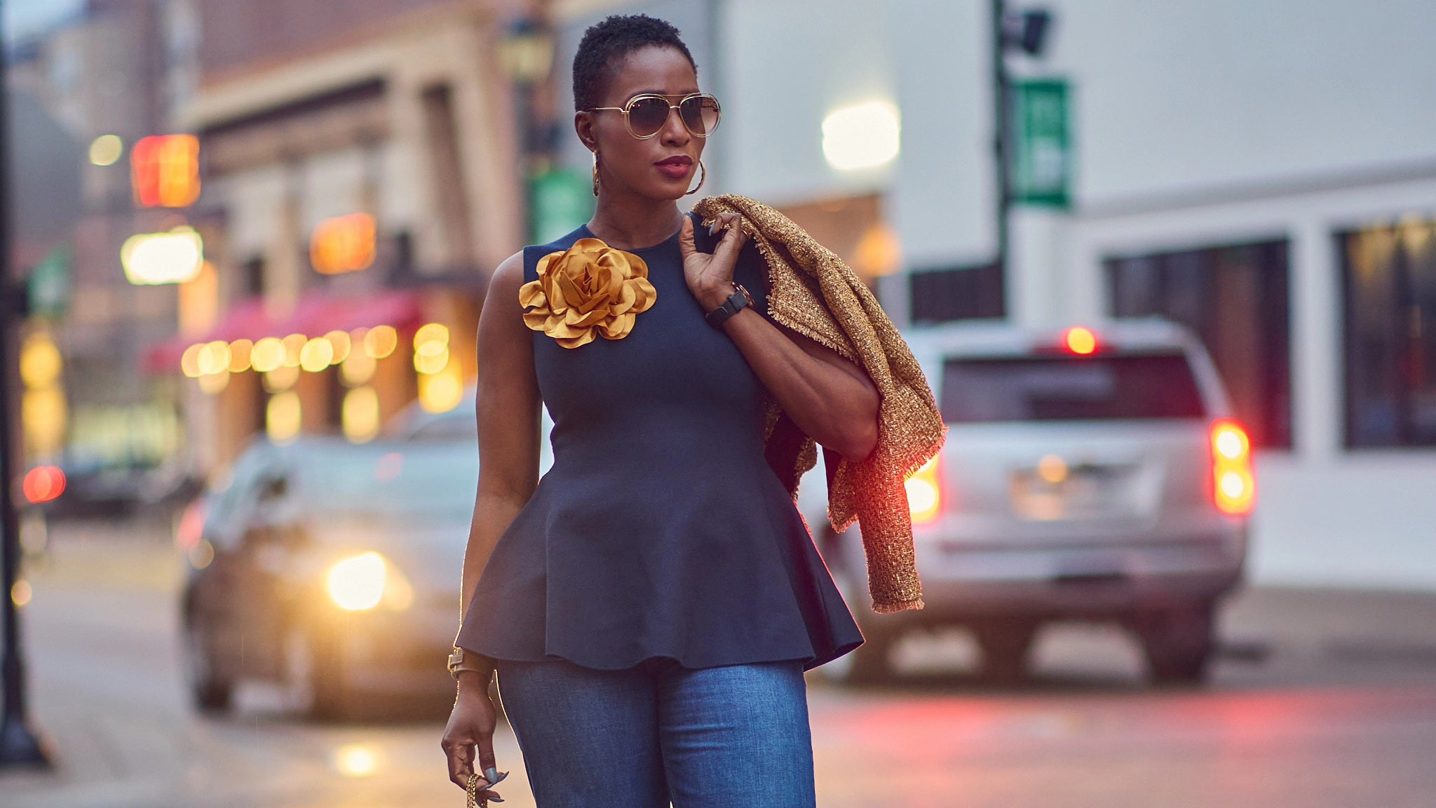 Wide-leg blue jeans with blue peplum top monochrome outfit, elevated casual style, gold accessories, Spring outfit of the night, Zara Spring 2025 tops, Ann Taylor kitten heels, Gap jeans, tall-girl friendly jeans, how to accessorize a look, Farotelle fashion blog