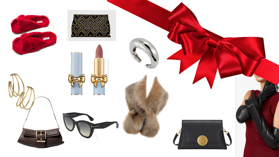 Christmas 2024 gifts for her, women affordable gifts, fashion gifts, fur scarf, chunky silver bangle, Soma red cozy slippers, Michael Kors Colby clutch handbag, Rebecca Minkoff purse, Oryany handbag