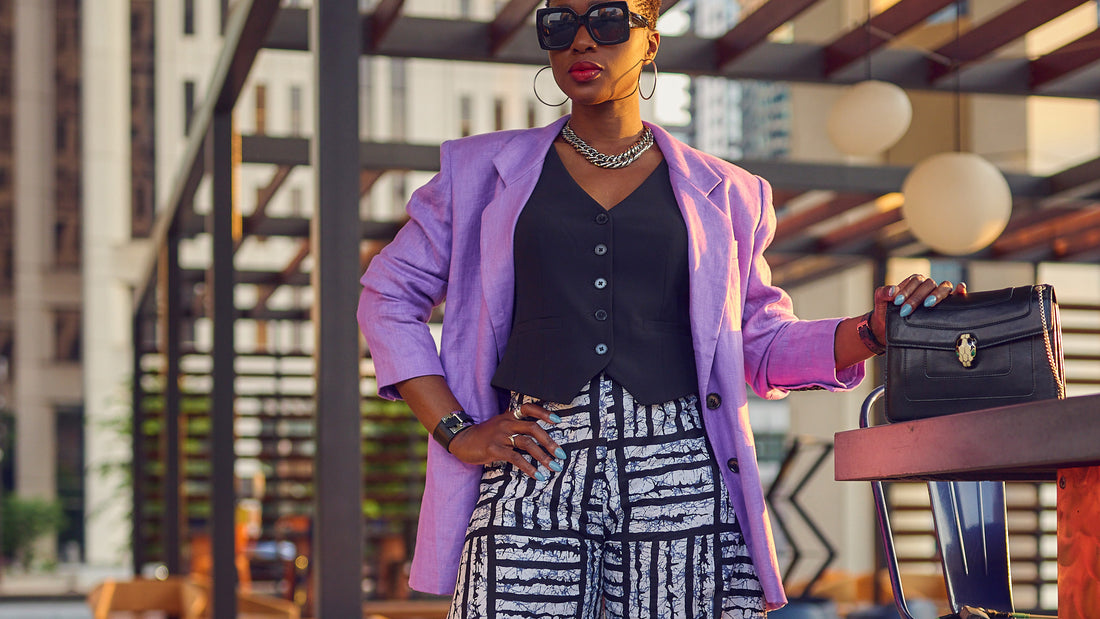 Oversized blazer outfit, batik print outfit, ankara style, wide-leg pants style, Spring Summer Fall fashion, purple blazer, black and white pants look, how to style a vest, black fashion blogger, Farotelle