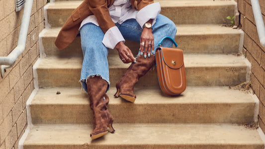 Minneapolis fashion blogger wearing Fall outfit with cropped jeans brown blazer oversozed white shirt and tall suede boots, Summer to Fall transitional style, jeans and a blazer look