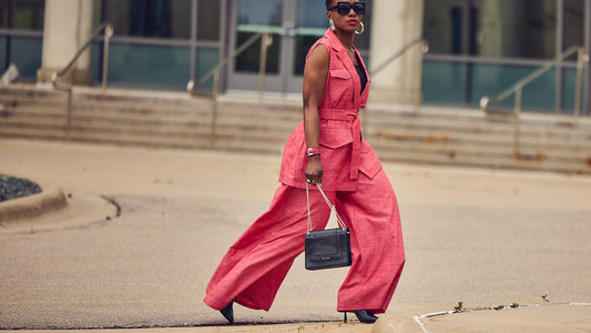 How to style colorful wide-leg pants, monochrome outfit, sleeveless blazer style, business casual outfit ideas, Farotelle blog, black fashion blogger, Minneapolis Blogger