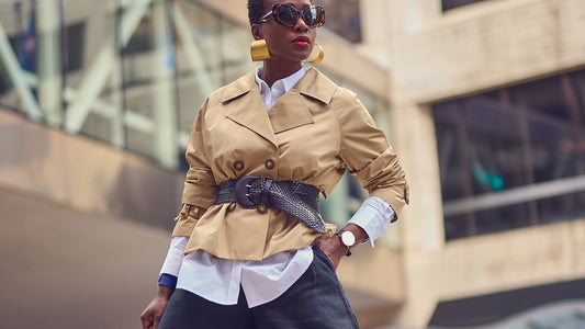 Fashion blogger Farotelle wearing a cropped trench coat with a wide leather belt, Fall outfit ideas, layered look, neutral style, Autumn outfits