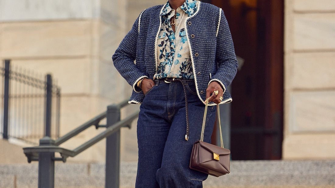 Barrel jeans and a blazer outfit, how to style a French blazer, monochrome blue outfit, Farotelle blog, Minneapolis Top Fashion Influencer, Fashion over 40, classic style, Calvin Klein Jeans, Valentino handbags