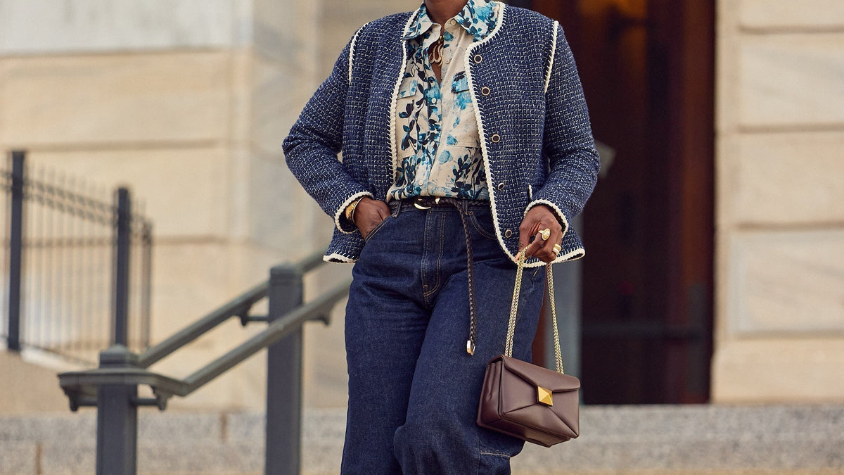 Barrel jeans and a blazer outfit, how to style a French blazer, monochrome blue outfit, Farotelle blog, Minneapolis Top Fashion Influencer, Fashion over 40, classic style, Calvin Klein Jeans, Valentino handbags
