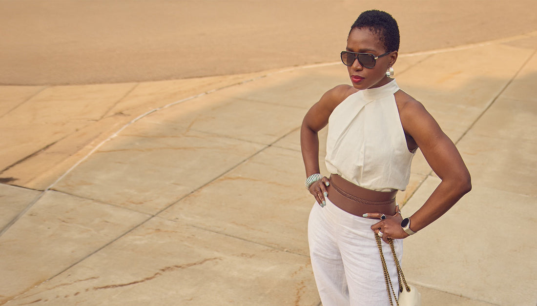 Neutral Summer outfit, ecru and brown, wide-leg pants style, waist belt styling, neutral linen outfits, halter top, Karen Millen, Farotelle blog, top Minneapolis fashion influencer