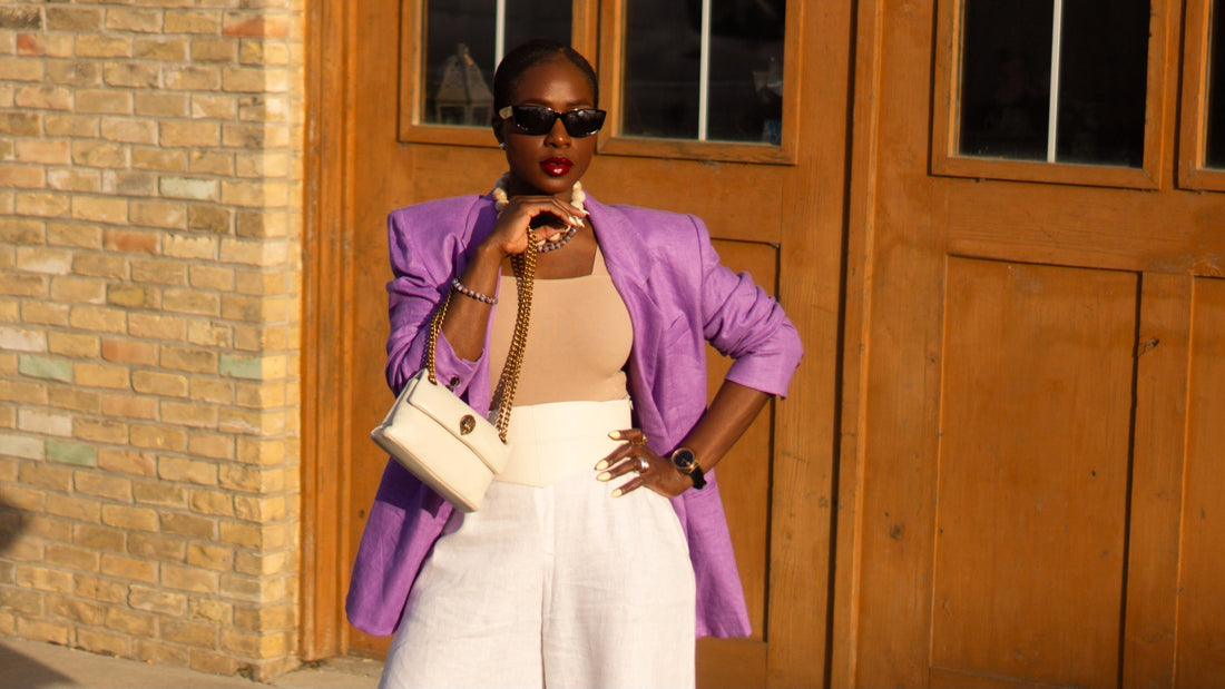 Color-blocked Summer linen outfit, how to style white wide-leg pants, Ronny Kobo oversized purple linen blazer, elevated casual Summer looks, Farotelle fashion blog, Minneapolis top fashion content creatorclassic style, slow fashion
