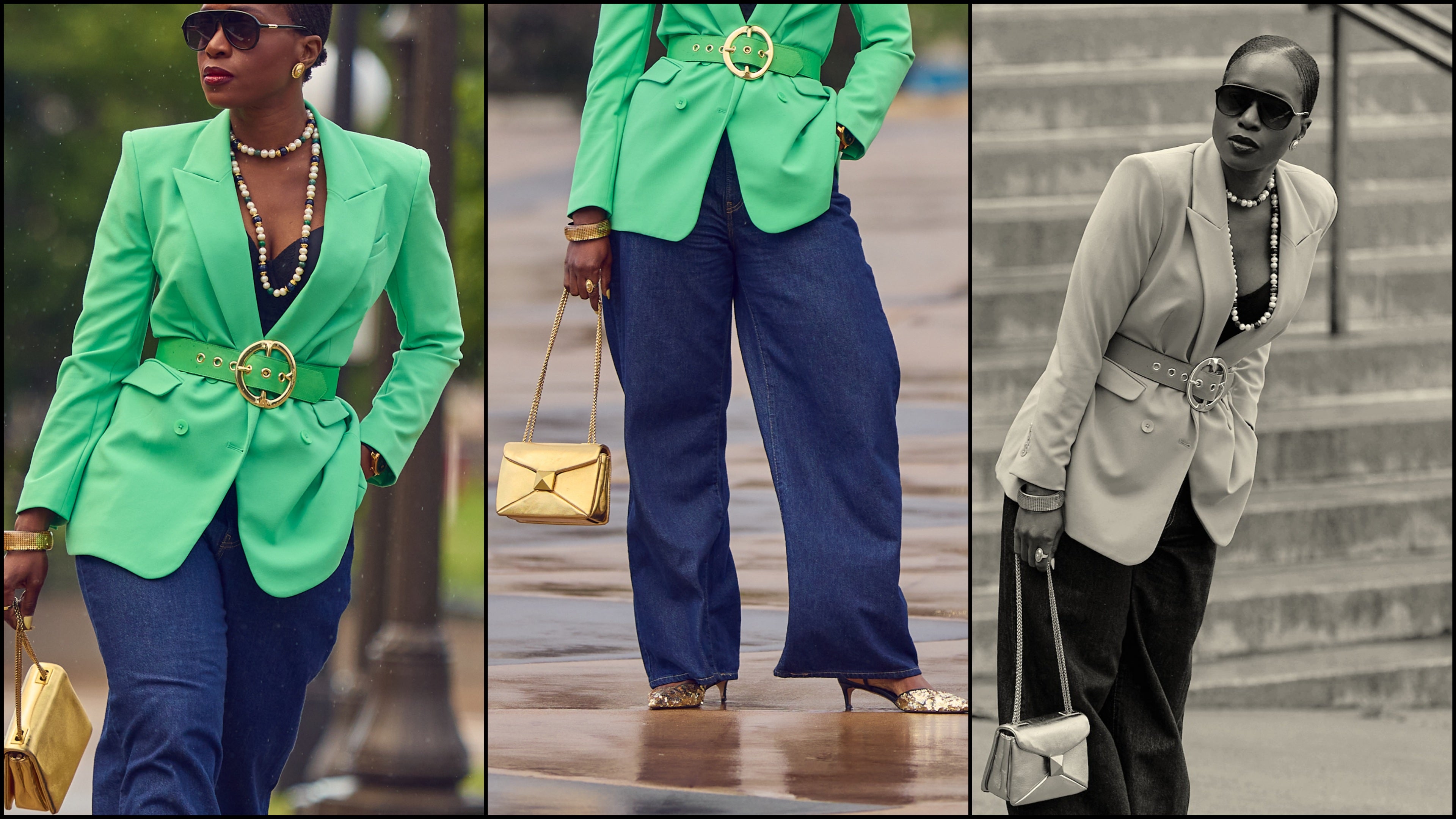 How to style baggy jeans for work, blue jeans and a green blazer outfit, Farotelle fashion blog, Minneapolis content creator, classic and colorful style