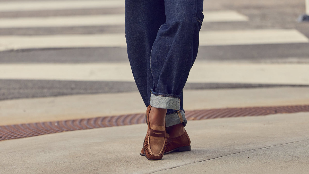 Denim outfit with brown loafers, Marc Nolan Kennedy pleated suede loafers, Summer street style, how to style loafers, Farotelle blog, Minneapolis top fashion influencer, fashion over 40