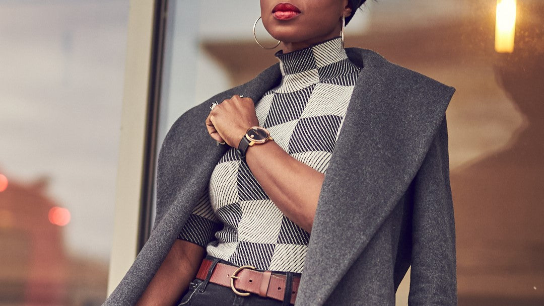 Fashion blogger Farotelle wearing a gray wrap wool coat with oversized collar over plaid sweater, women's classic outerwear, Black Friday sales 2024