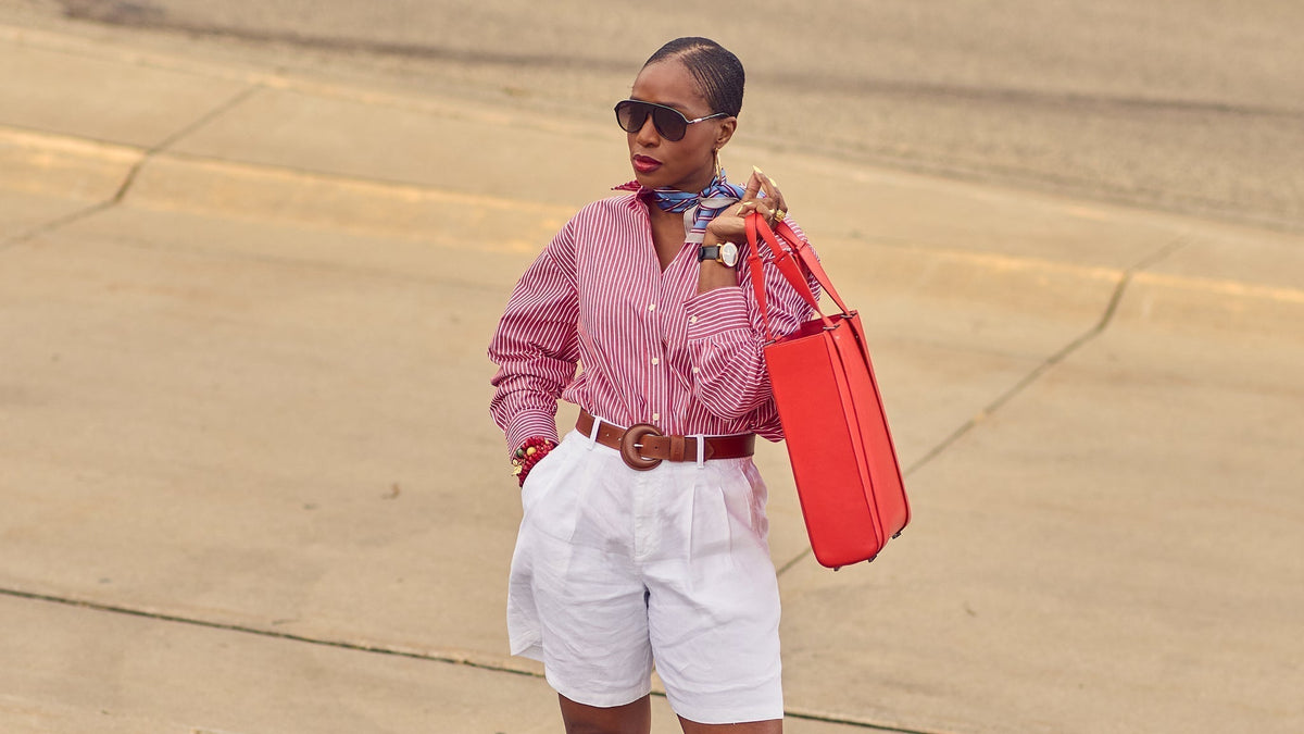 Red, white, and blue Summer outfit, how to style white shorts, Summer elevated shorts outfit inspo, Americana, Farotelle fashion blog, Minneapolis top fashion influencer, fashion over 40, Tomoli Kora leather tote, color-blocked outfit, nautical fashion