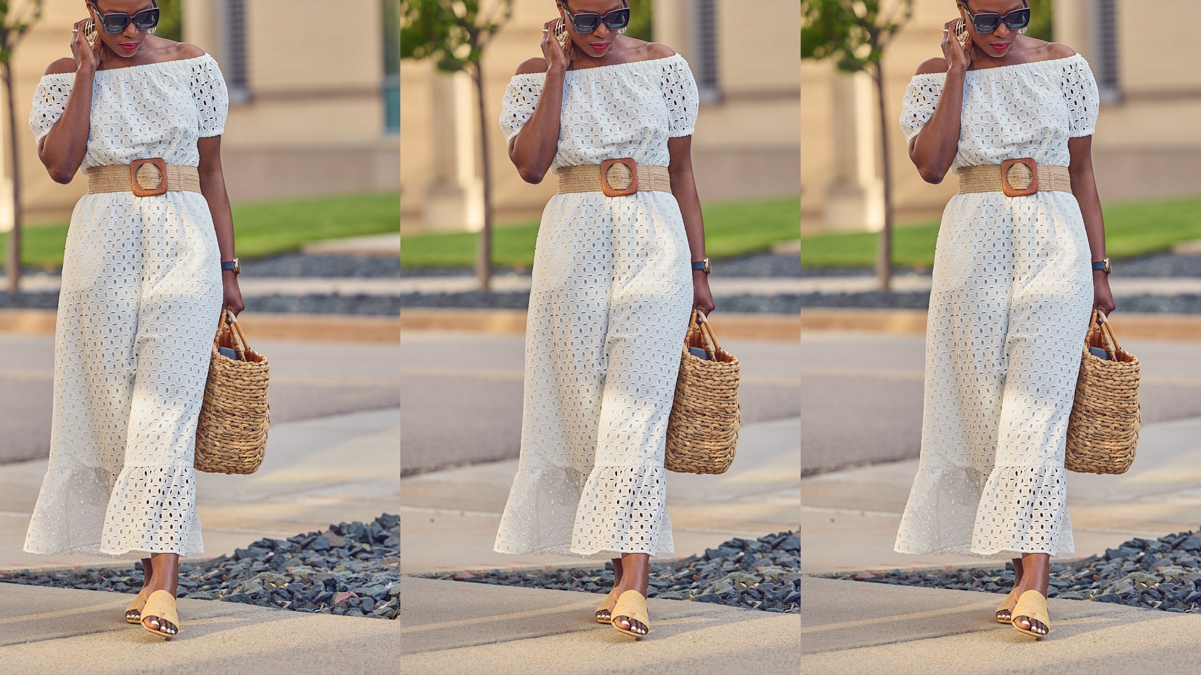 White dress outfit, Spring Summer fashion inspo, Macy's INC eyelet dress, Farotelle fashion content, Minneapolis top fashion influencer