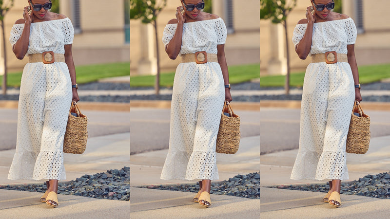 White dress outfit, Spring Summer fashion inspo, Macy's INC eyelet dress, Farotelle fashion content, Minneapolis top fashion influencer