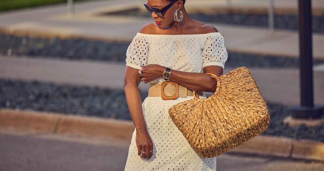 White dress outfit, Spring Summer fashion inspo, Macy's INC maxi eyelet dress, Farotelle fashion content, Minneapolis top fashion influencer, style content creator, fashion over 40, raffia bag