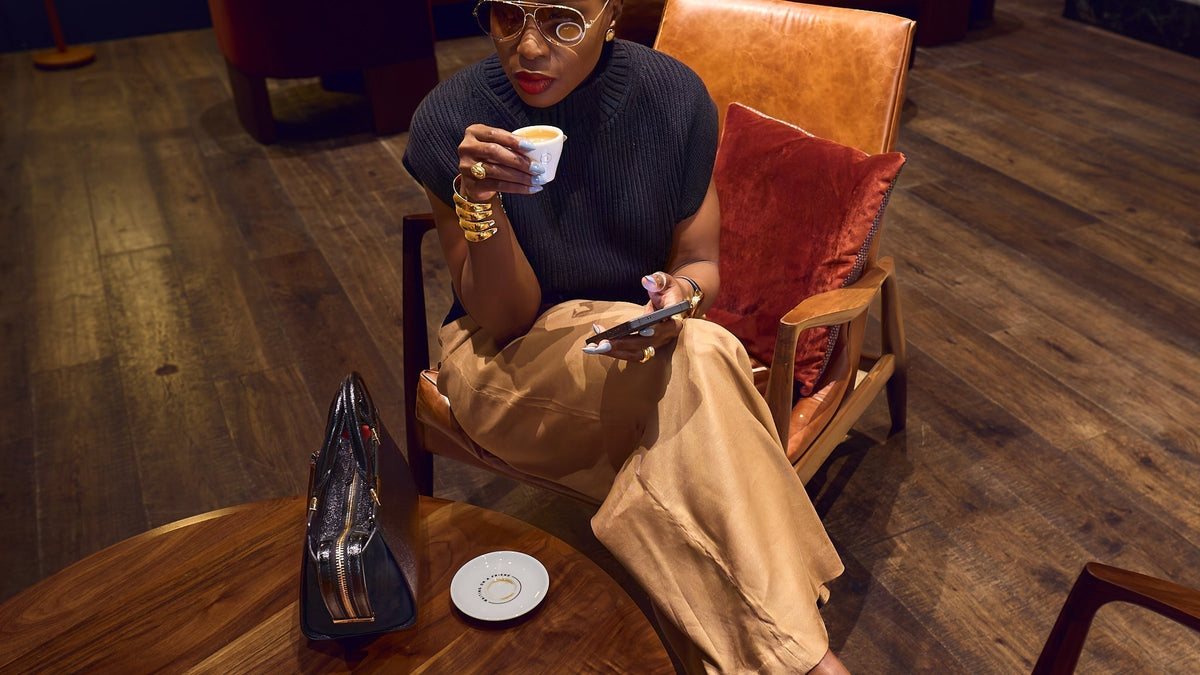 Fall fashion ideas, OOTD inspo, how to style brown pants, black turtleneck, Fall workwear outfits, Farotelle fashion blog, Minneapolis top fashion influencer, classy and elegant style, fashion over 40, drinking coffee