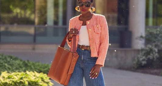 Fashion blogger Farotelle wearing super wide-leg blue jeans with tweed collarless lady jacket, J.Crew jeans style, tall girl fashion, Ann Taylor Loft jacket, Schutz Ully sandals, elevated casual outfit, how to style jeans, how to style collarless jacket