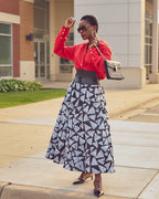 Black and White Adire Print Midi Skirt