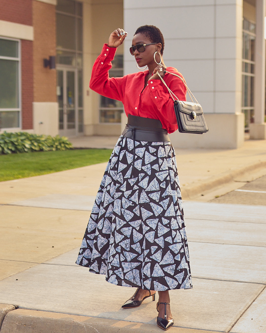 Black and White Adire Print Midi Skirt