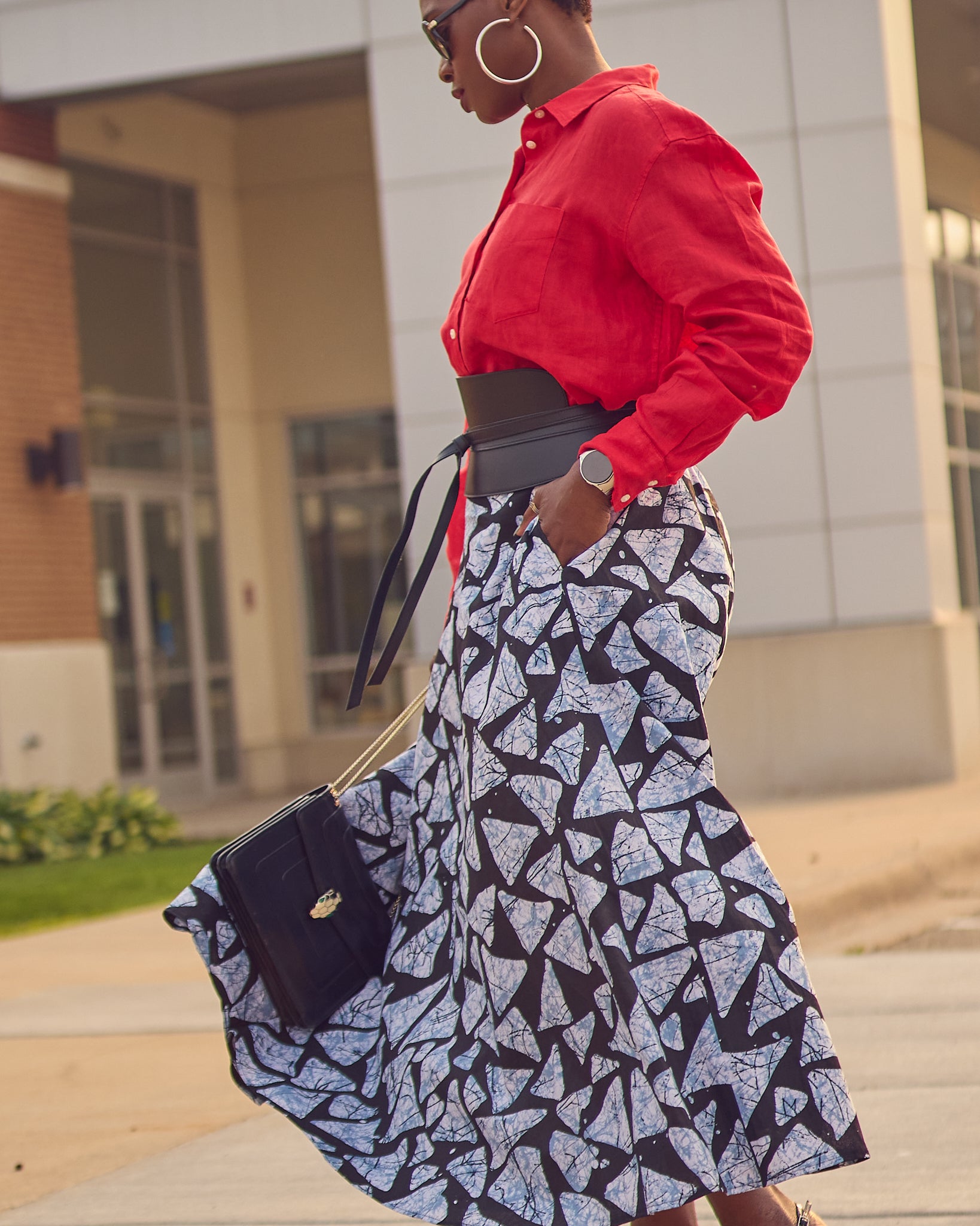 Black and White Adire Print Midi Skirt