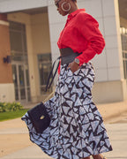 Spring and Summer skirt outfits, adire batik print skirt, how to style a full printed skirt, colorful linen shirt style, Gap linen collection, color-blocked Summer outfit, workwear ideas, black and white outfits, classic fashion, feminine style, Farotelle fashion blog, top Minneapolis fashion influencer
