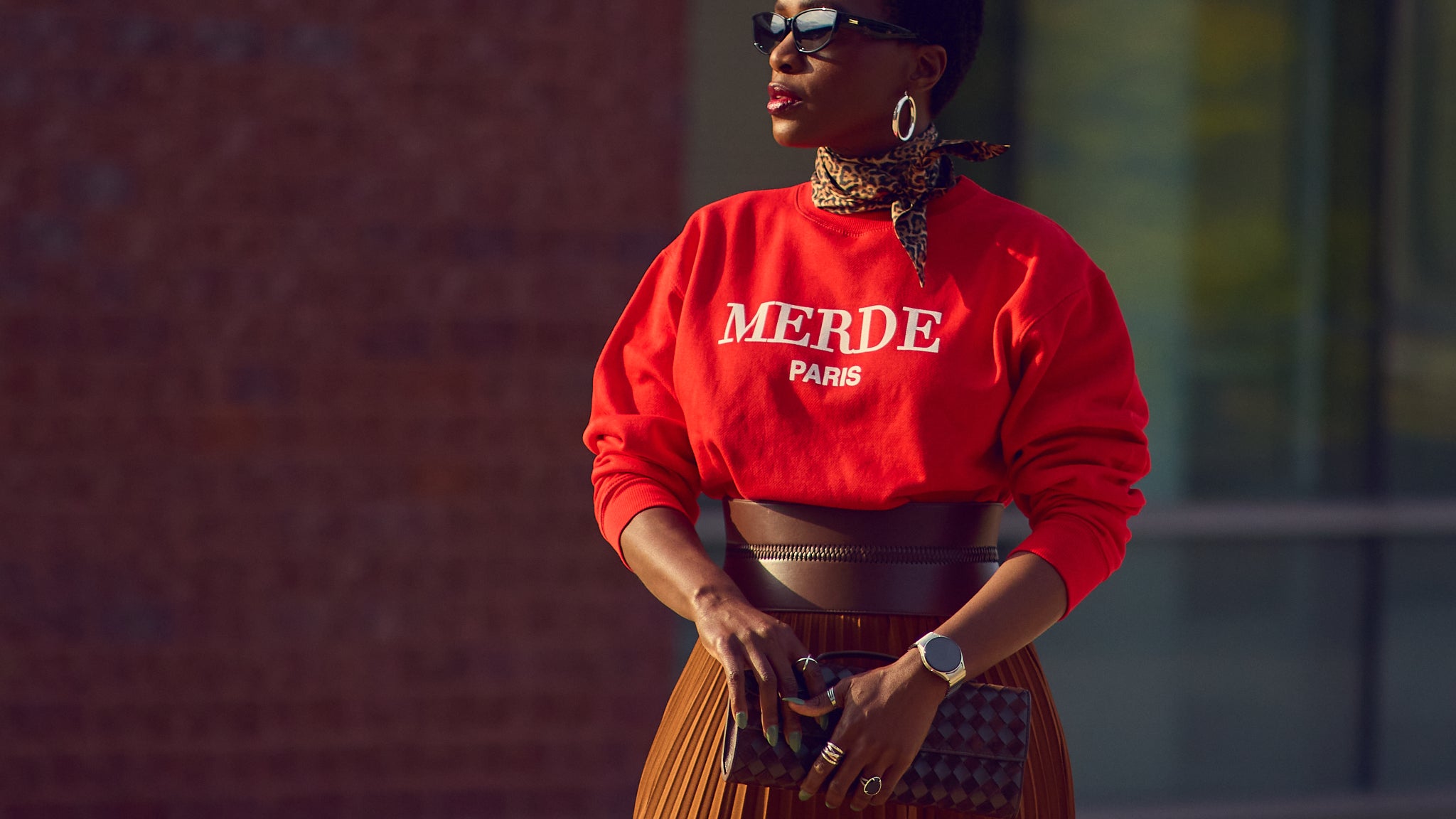 Fall outfit ideas, colorful fashion, leopard trend, styling a silk scarf, graphic sweatshirt look, Farotelle fashion blog, Minneapolis top fashion influencer, street style chic, Revolve style, Sézane skirt, J.Crew style