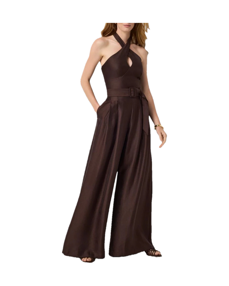Chocolate brown halter jumpsuit, wide-leg jumpsuit, Summer must-have clothes, casual Summer outfits, effortless Spring Summer outfits, Farotelle fashion blog, Minneapolis content creator, easy outfits, fashion over 40, classic style, White House Black Market