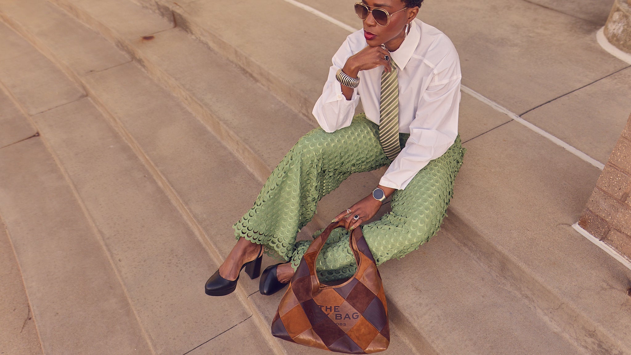 Spring and Summer outfit ideas, how to style green pants, guipure pants, barrel sleeve shirt with a tie styling, platform heels, Vince Camuto shoes, Modern Citizen shirts, Amazon fashion, Marc Jacobs Sack bag, classic fashion over 40, Farotelle blog, Minneapolis top fashion influencer, content creator