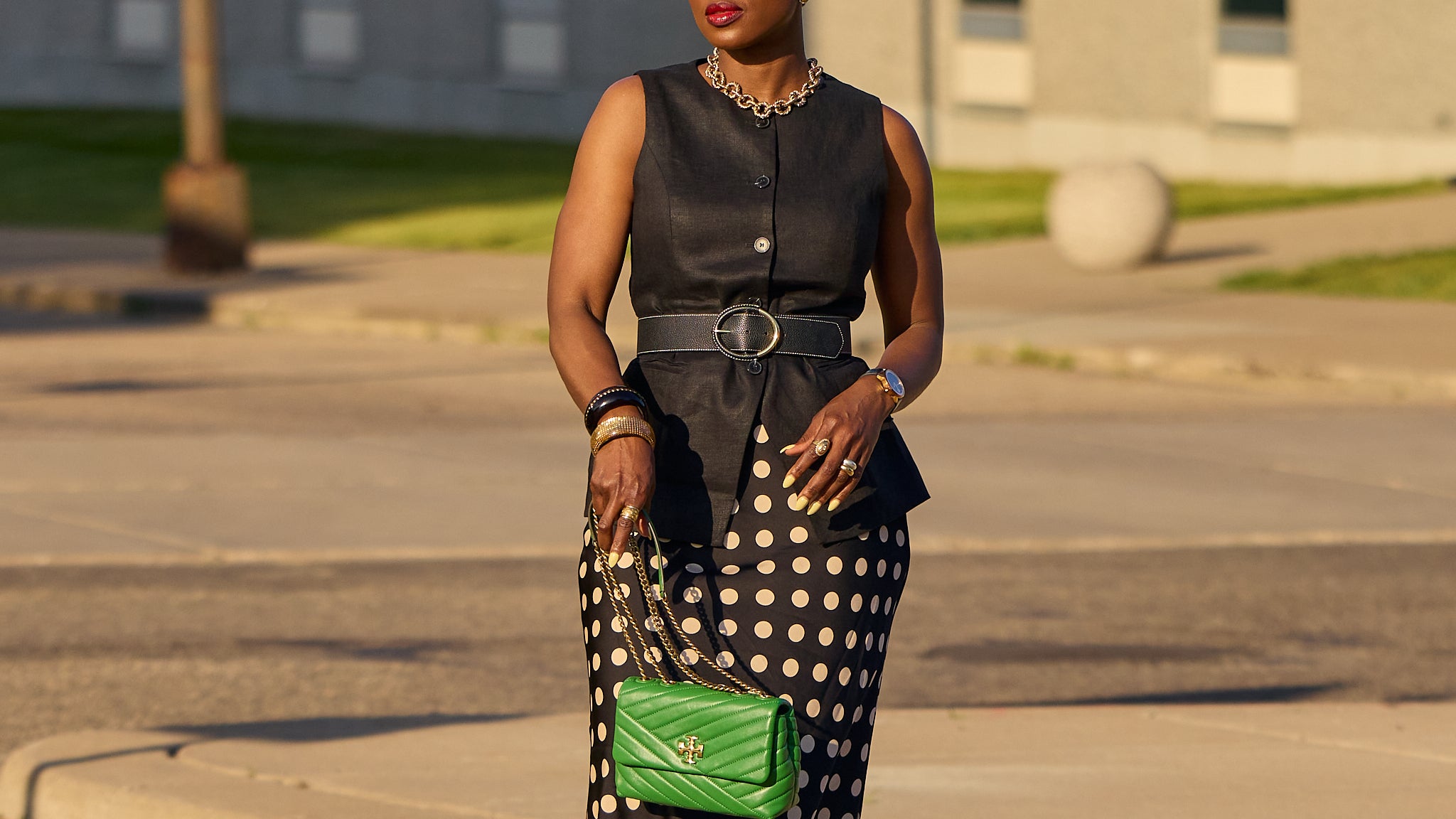 Polka dot skirt with waistcoat outfit, black Summer outfits, black and white looks, classy fashion, Fashion over 40, Dissh, Target, Ann Taylor, gold slingback shoes, Farotelle blog, Minneapolis top fashion content creator