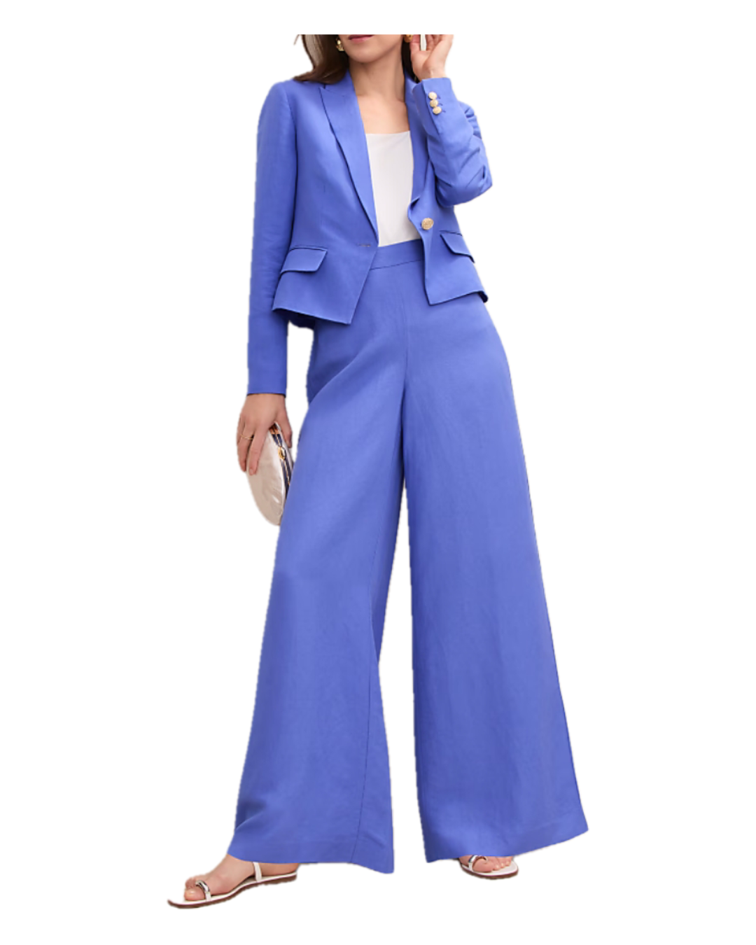 Women's colorful linen suit, Summer suiting, Ann Taylor wide-leg pants, blue linen pants with cropped linen blazer, classy Summer style, fashon over 40, slow fashion,  Farotelle fashion blog, Minneapolis top fashion content creator, matching sets