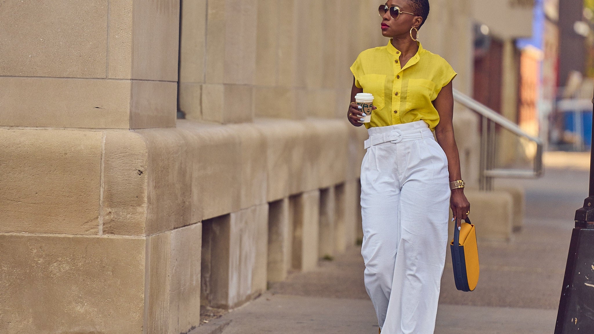 Spring Summer color-blocked linen outfit, how to style white pants for Spring and Summer, white linen pants and yellow blouse outfit, classic Summer fashion, Farotelle fashion blog, top Minneapolis fashion influencers
