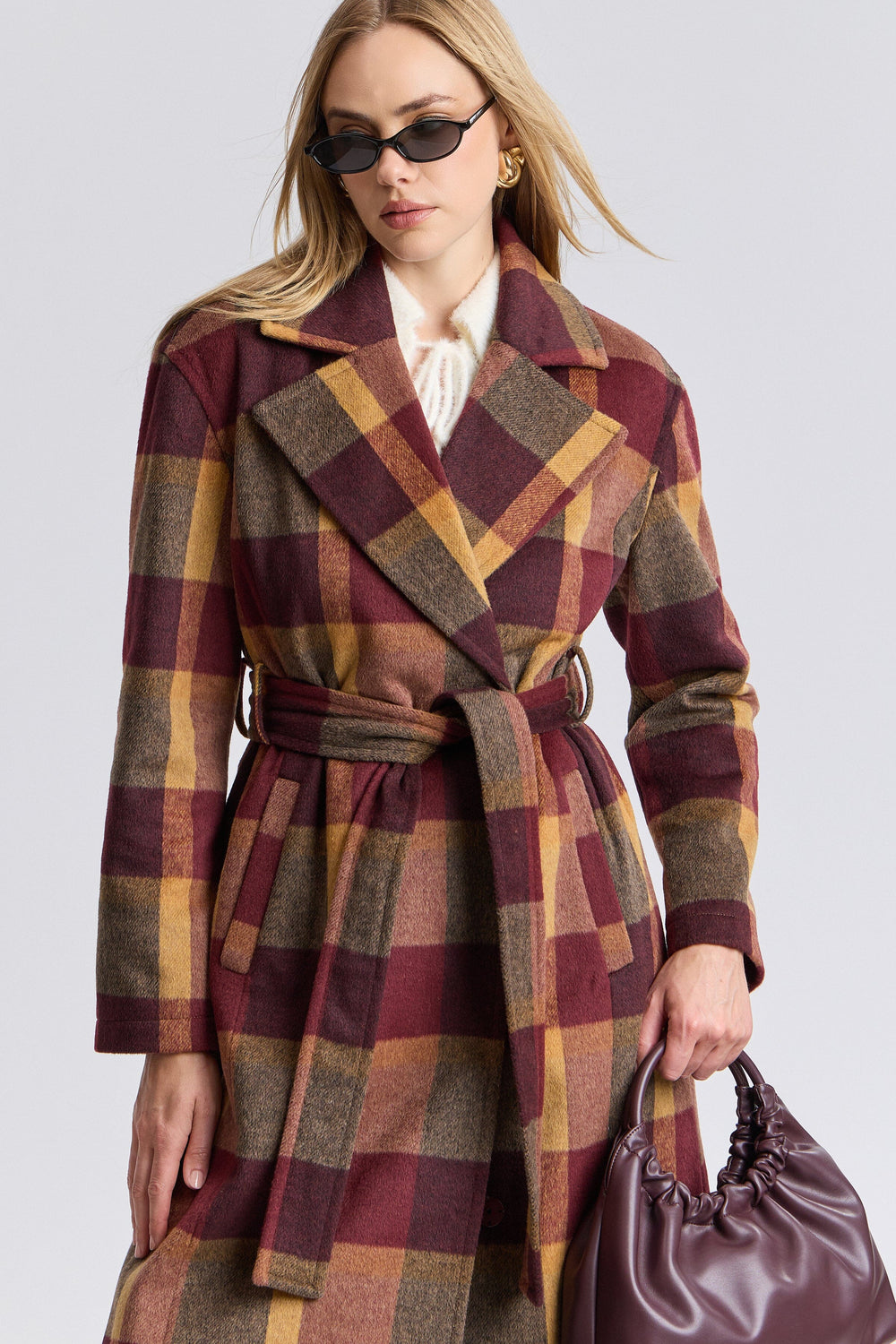Avec Les Filles wool belted maxi coat in burgundy, Fall 2026 coats, outfit inspiration, affordable wool coats, plaid coats, elevated casual style, classy and elegant fashion, Farotelle fashion blog, Minneapolis content creator, fashion over 40