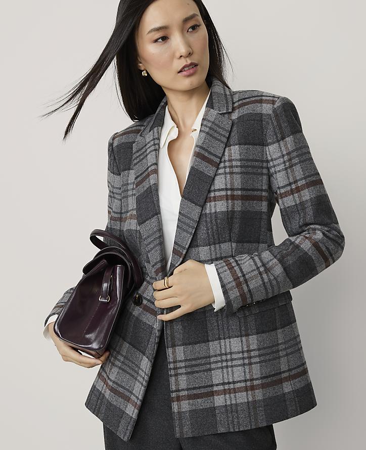 Ann Taylor Plaid Crosby Blazer, Fall 2026, women's blazers, neutral jackets, how to style a gray blazer, Farotelle fashion blog, Minneapolis top fashion influencer, slow fashion, fashion over 40