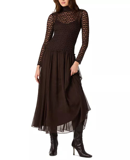 ASTR Women's Camila A-Line Lace Mock Neck Dress, Macy's Fall 2026 collection, brown chocolate midi dress, Fall outfit ideas, elegant and classy outfits, Farotelle fashion blog, Minneapolis top fashion content creator, fashion over 40