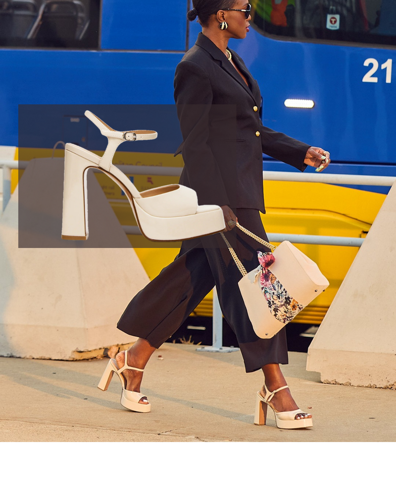 Steve Madden Liandra platform sandals, shoes on sale, women trendy shoes, white dressy shoes, comfy sandals, Farotelle fashion blog, Minneapolis fashion content creator, black and white outfits, fashion over 40, classy and elegant style