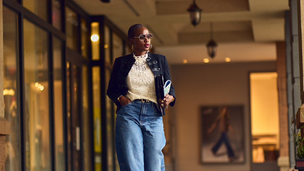 Fall and Winter jeans outfit ideas, how to style a band jacket, military blazer, Napoleon style, lace top, US street style, NYC fashion, Farotelle fashion blog, Minneapolis top content creator, elevated casual looks, layered styling, fashion over 40